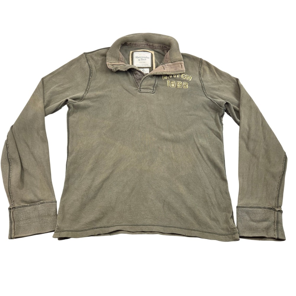 Abercrombie Fitch Sweatshirt XXL Olive Green Button Collar Pullover Y2K Patina